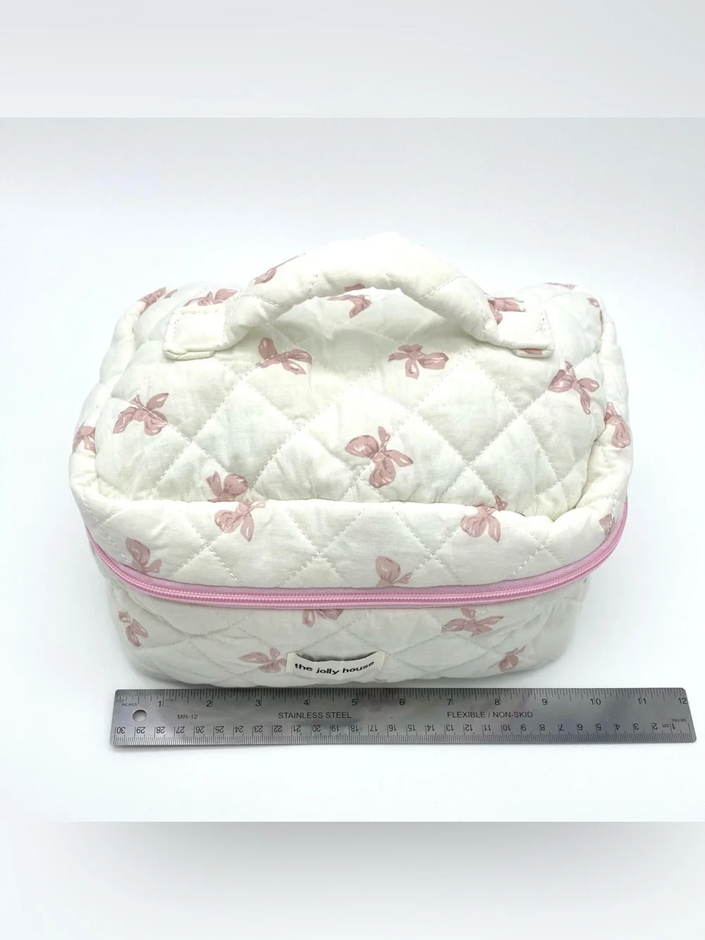 The Jolly House White Pink Bow Print Quilted Makeup Bag Zipper Handle